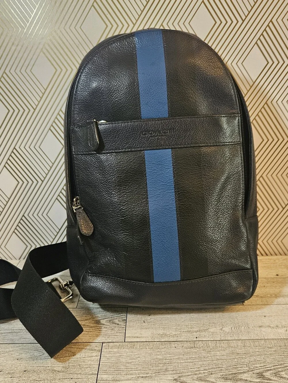 Coach F72226 Charles Pack Varsity Leather Sling Crossbody Bag Black Blue Stripe